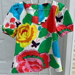 J. Crew Bold Floral Puff-Sleeve cotton Blouse Multicolor rainbow 18” by 24”